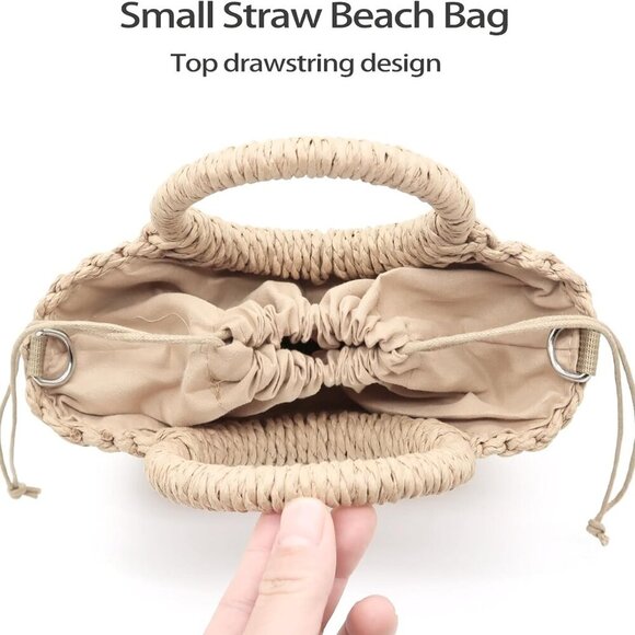 Small Straw Tote Bag for Women,Summer Beach Crossbody Shoulder Handbag,Hand-wove - Picture 7 of 7